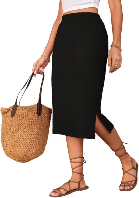 Naggoo Midi Skirts for Women Summer Elastic High Waisted Side Slit Long Skirt