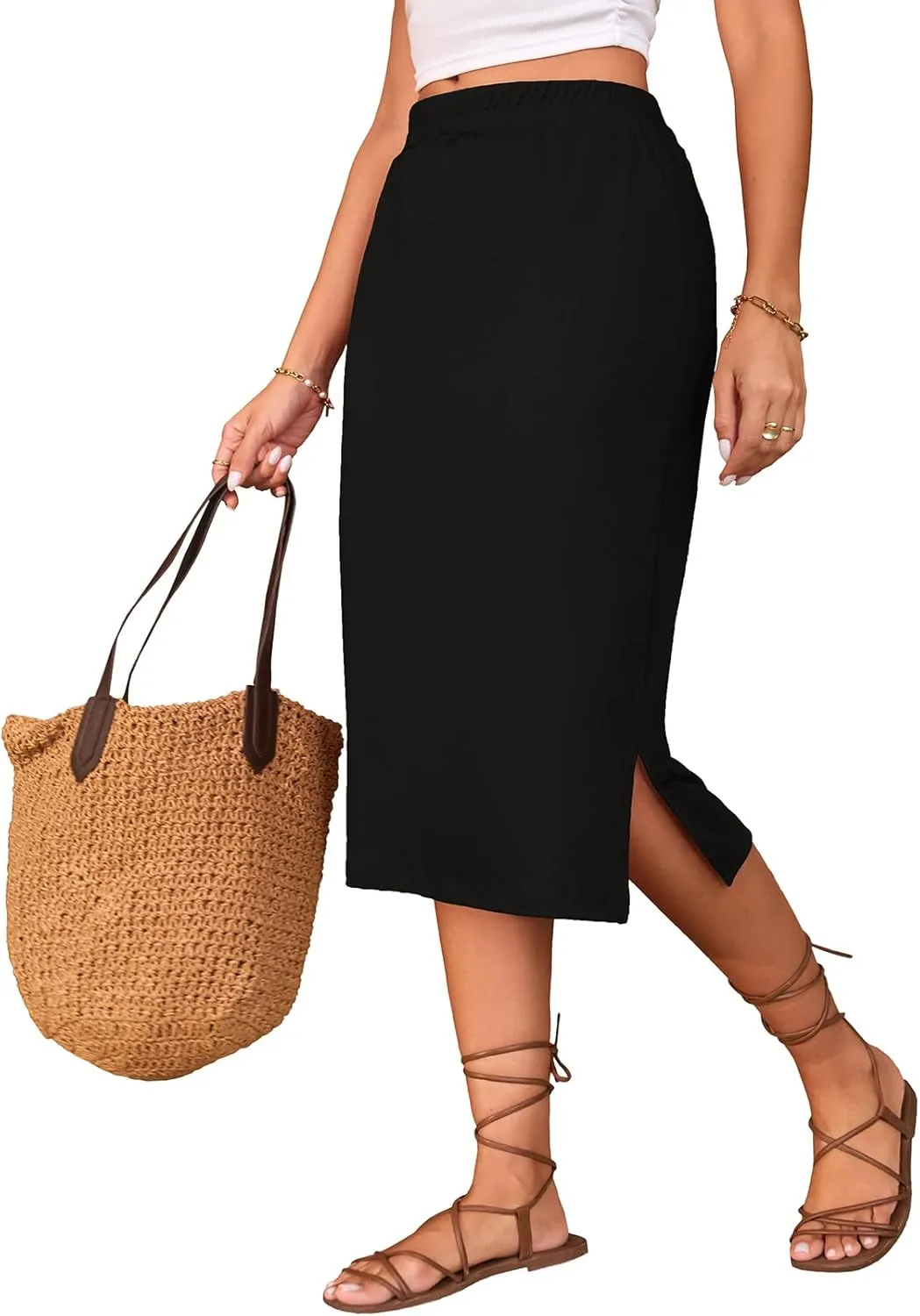Naggoo Midi Skirts for Women Summer Elastic High Waisted Side Slit Long Skirt