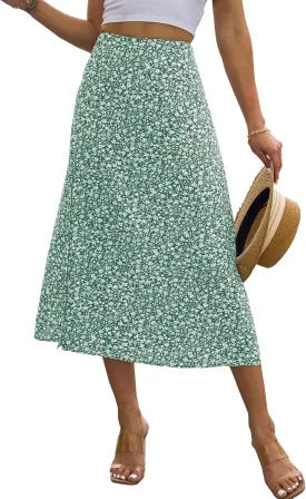 NENONA Womens Summer Flowy Slit Midi Skirts Casual Lightweight High Waisted Boho Floral Beach Skirt