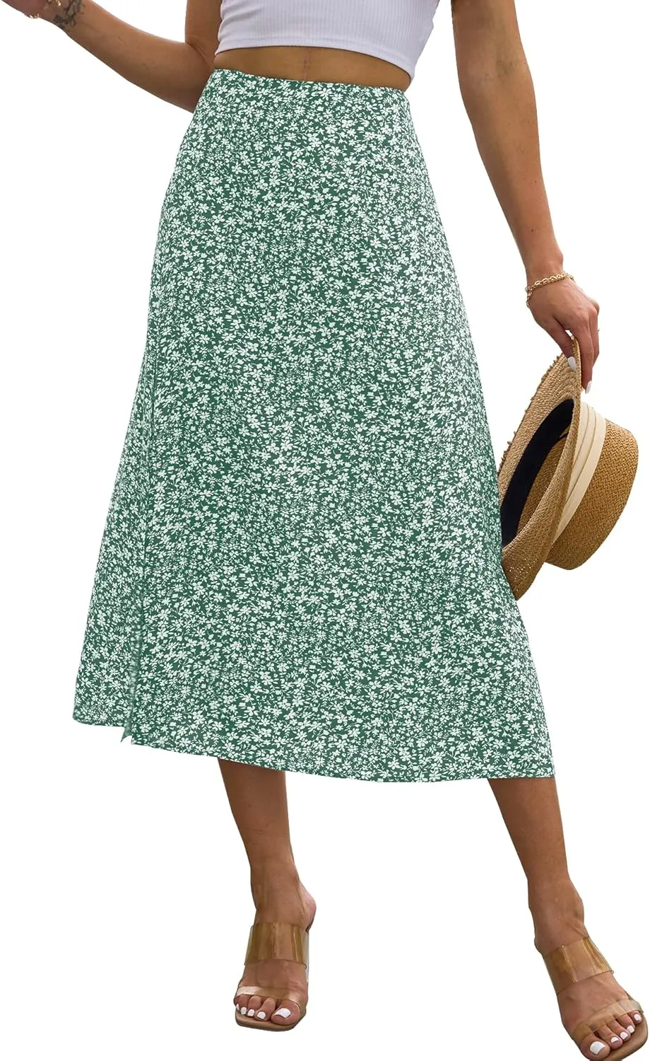 NENONA Womens Summer Flowy Slit Midi Skirts Casual Lightweight High Waisted Boho Floral Beach Skirt