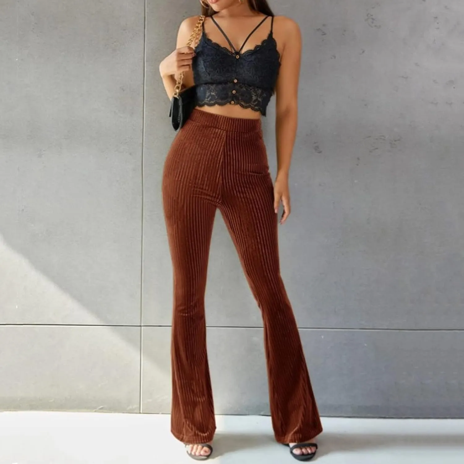 ODIZLI Women Velvet High Waisted Wide Leg Palazzo Flare Pants Solid Long Trousers