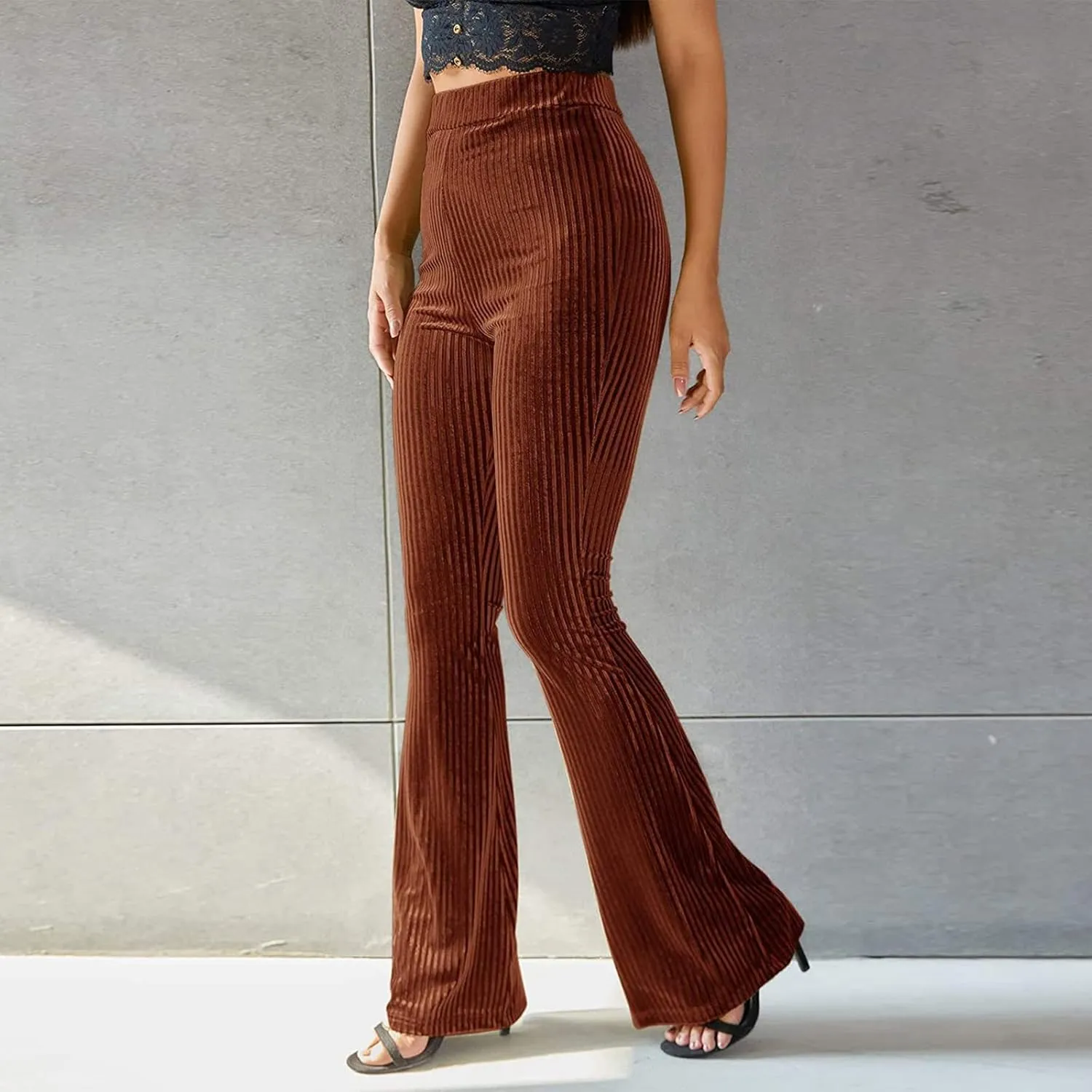 ODIZLI Women Velvet High Waisted Wide Leg Palazzo Flare Pants Solid Long Trousers