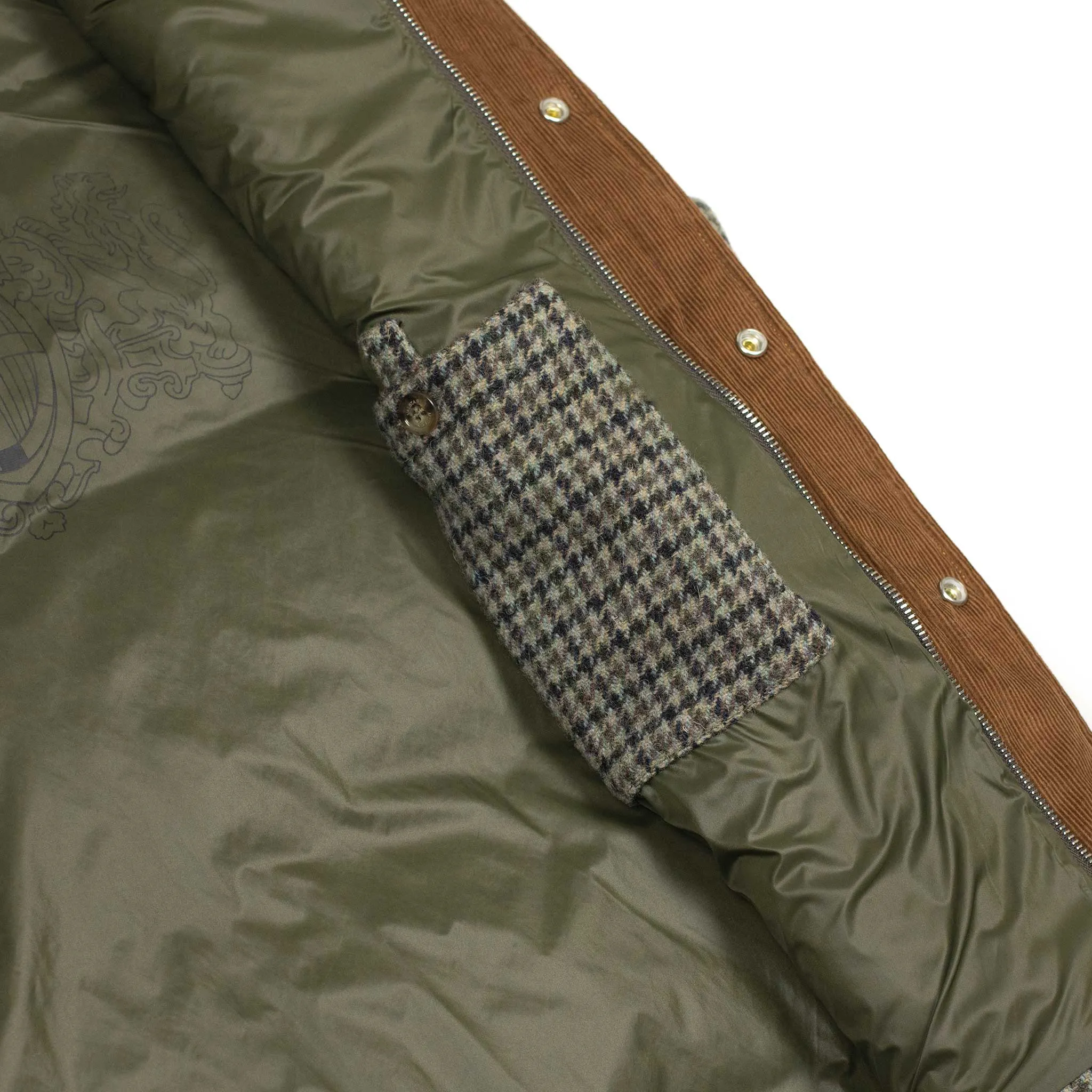 Oscar padded vest in lambswool grey and olive houndstooth wool
