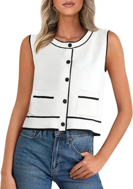 PRETTYGARDEN Vest For Women 2025 Summer Casual Button Down Color Block Sweater Vest Ribbed Knit Tank Tops With Pockets