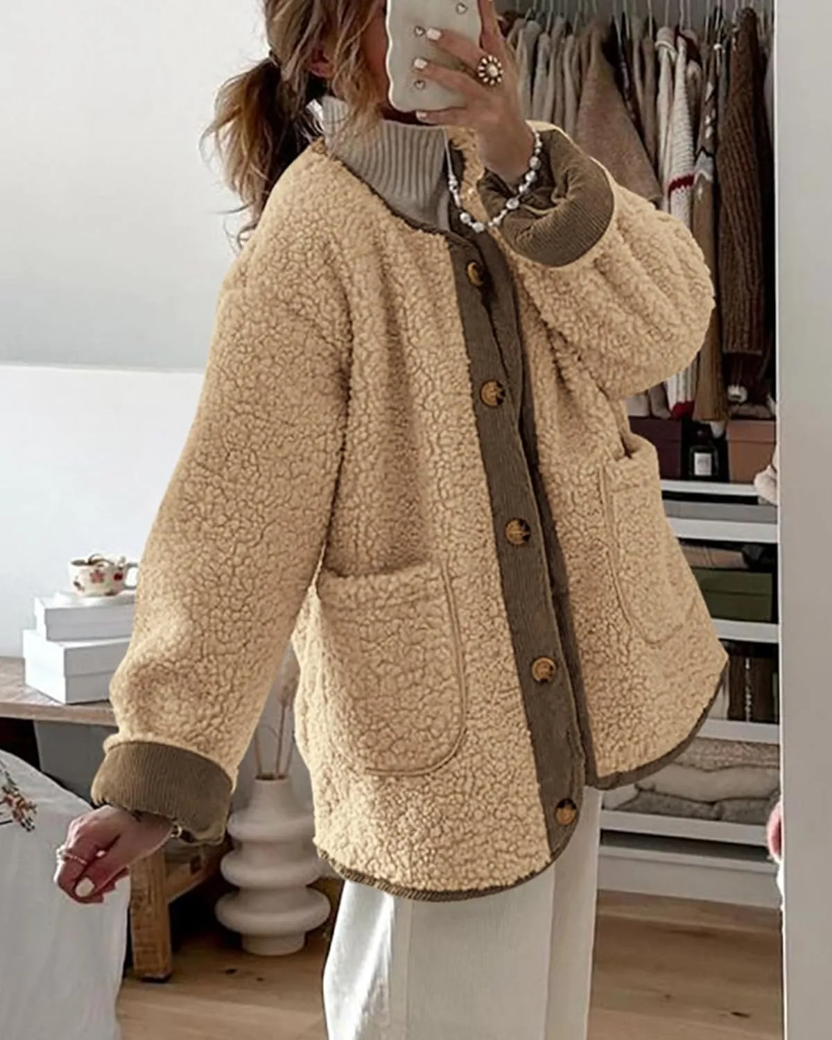 PRETTYGARDEN Women's Warm Winter Coats Casual Long Sleeve Button up Fuzzy Sherpa Fleece Jackets Outerwear