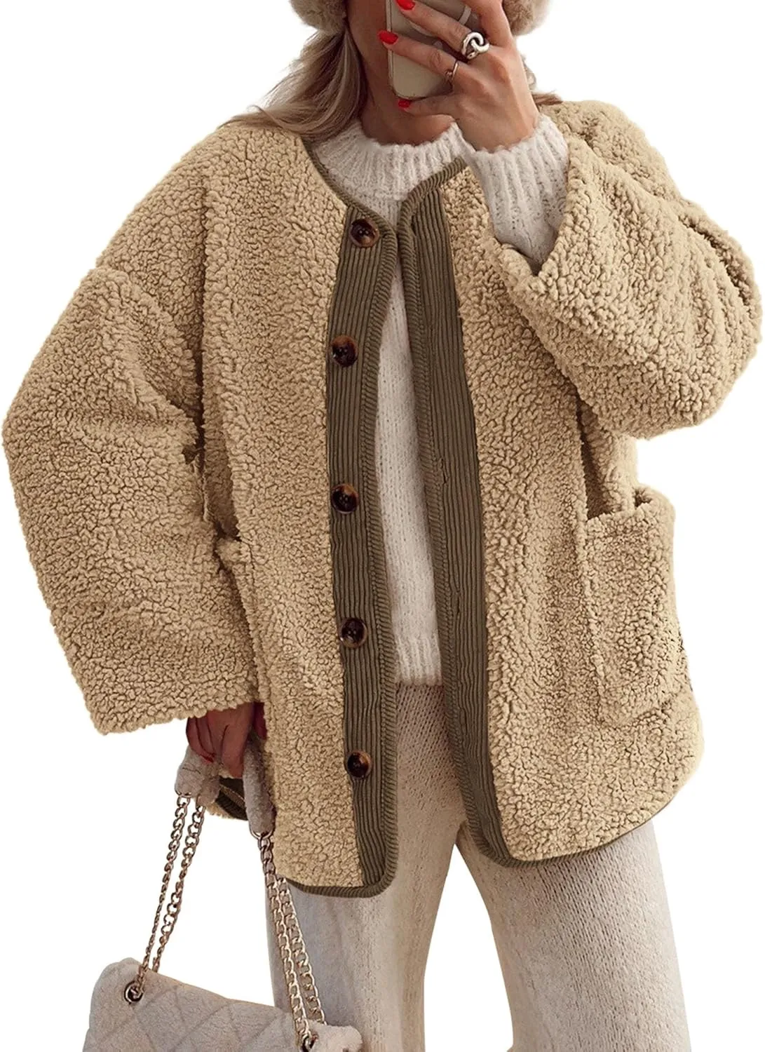 PRETTYGARDEN Women's Warm Winter Coats Casual Long Sleeve Button up Fuzzy Sherpa Fleece Jackets Outerwear