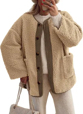 PRETTYGARDEN Women's Warm Winter Coats Casual Long Sleeve Button up Fuzzy Sherpa Fleece Jackets Outerwear