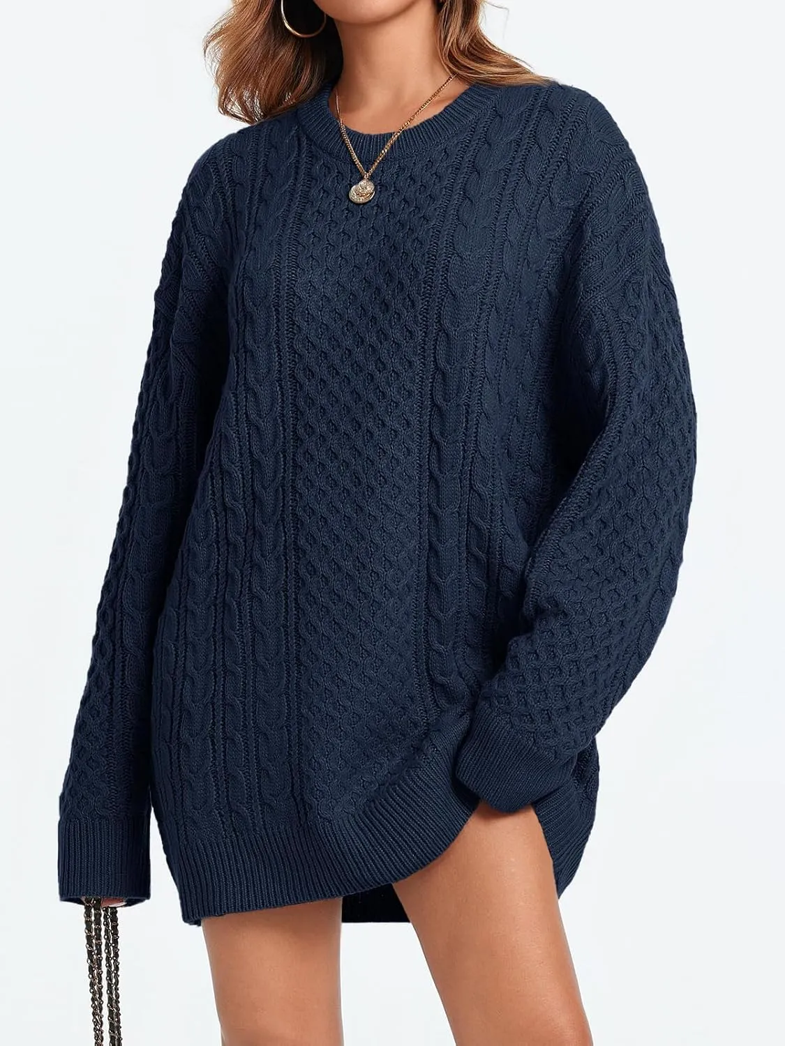 Saodimallsu Womens Oversized Sweaters Chunky Cable Knit Crewneck Long Sleeve Loose Tunic Sweater Tops