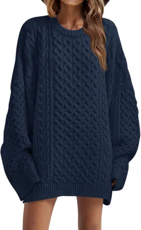 Saodimallsu Womens Oversized Sweaters Chunky Cable Knit Crewneck Long Sleeve Loose Tunic Sweater Tops