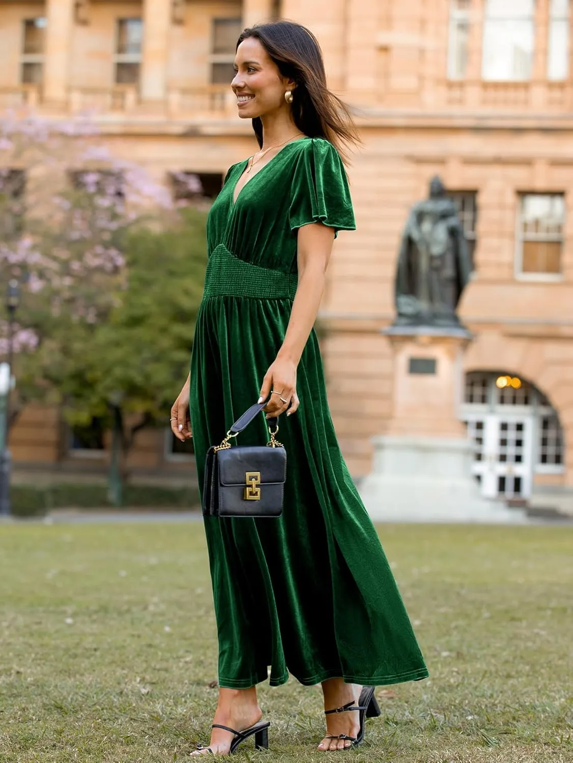 Simplee Women's Short Sleeve Velvet Maxi Dress V Neck Empire Waist Long Formal Wedding Guest Dresses