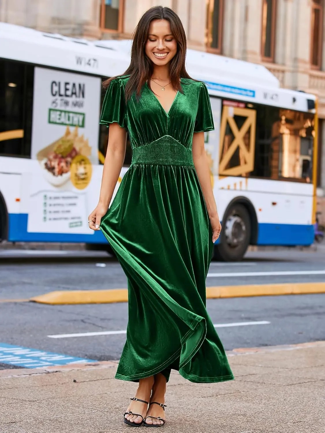 Simplee Women's Short Sleeve Velvet Maxi Dress V Neck Empire Waist Long Formal Wedding Guest Dresses