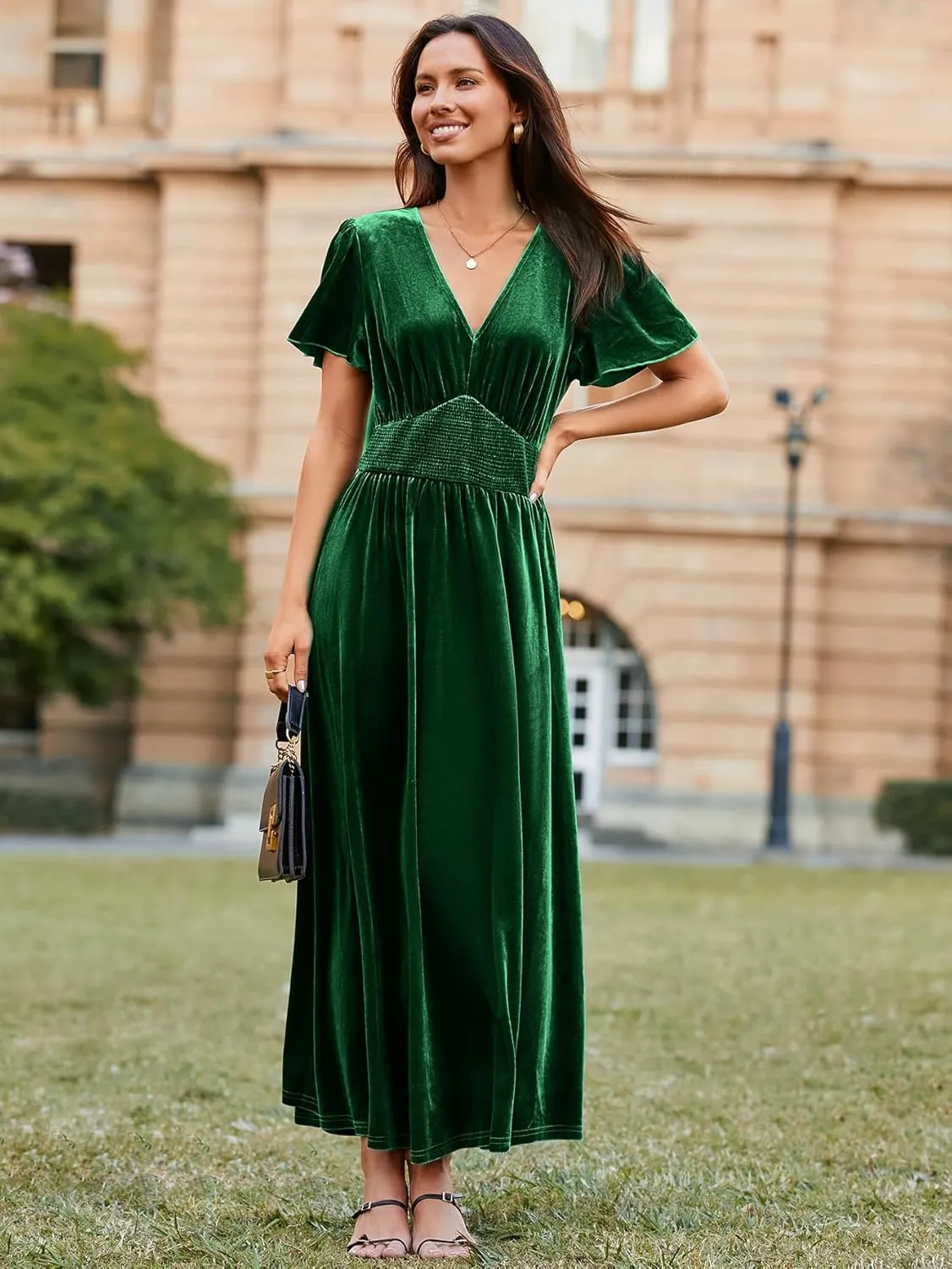 Simplee Women's Short Sleeve Velvet Maxi Dress V Neck Empire Waist Long Formal Wedding Guest Dresses