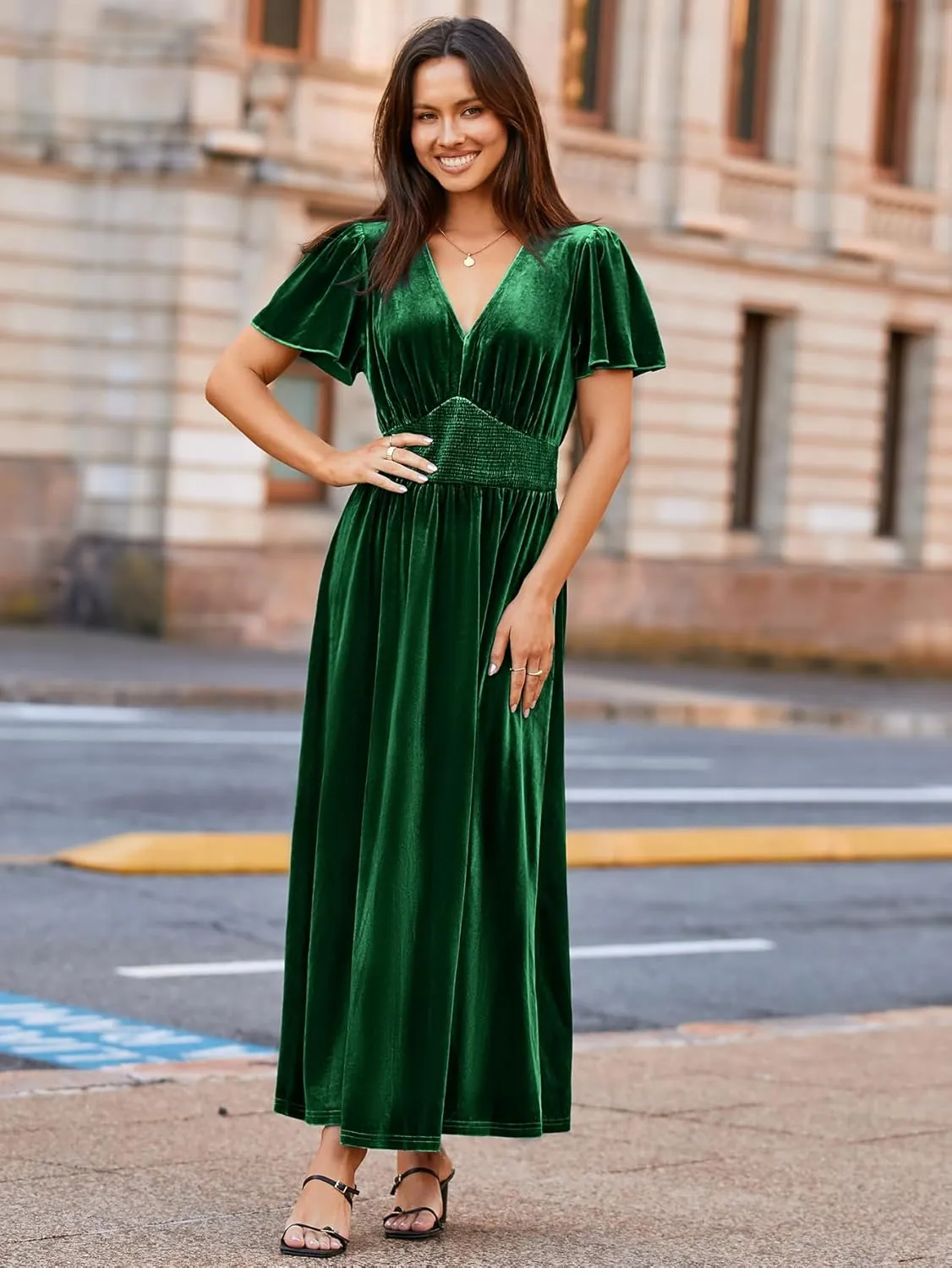 Simplee Women's Short Sleeve Velvet Maxi Dress V Neck Empire Waist Long Formal Wedding Guest Dresses