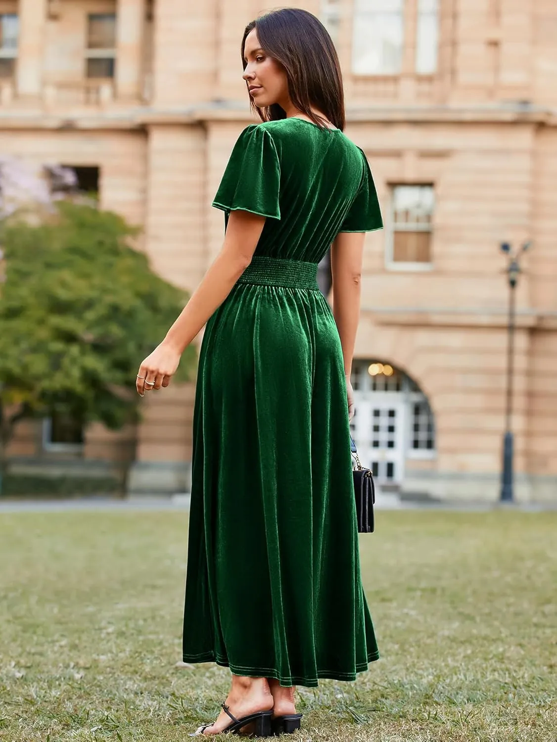 Simplee Women's Short Sleeve Velvet Maxi Dress V Neck Empire Waist Long Formal Wedding Guest Dresses