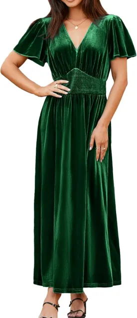 Simplee Women's Short Sleeve Velvet Maxi Dress V Neck Empire Waist Long Formal Wedding Guest Dresses