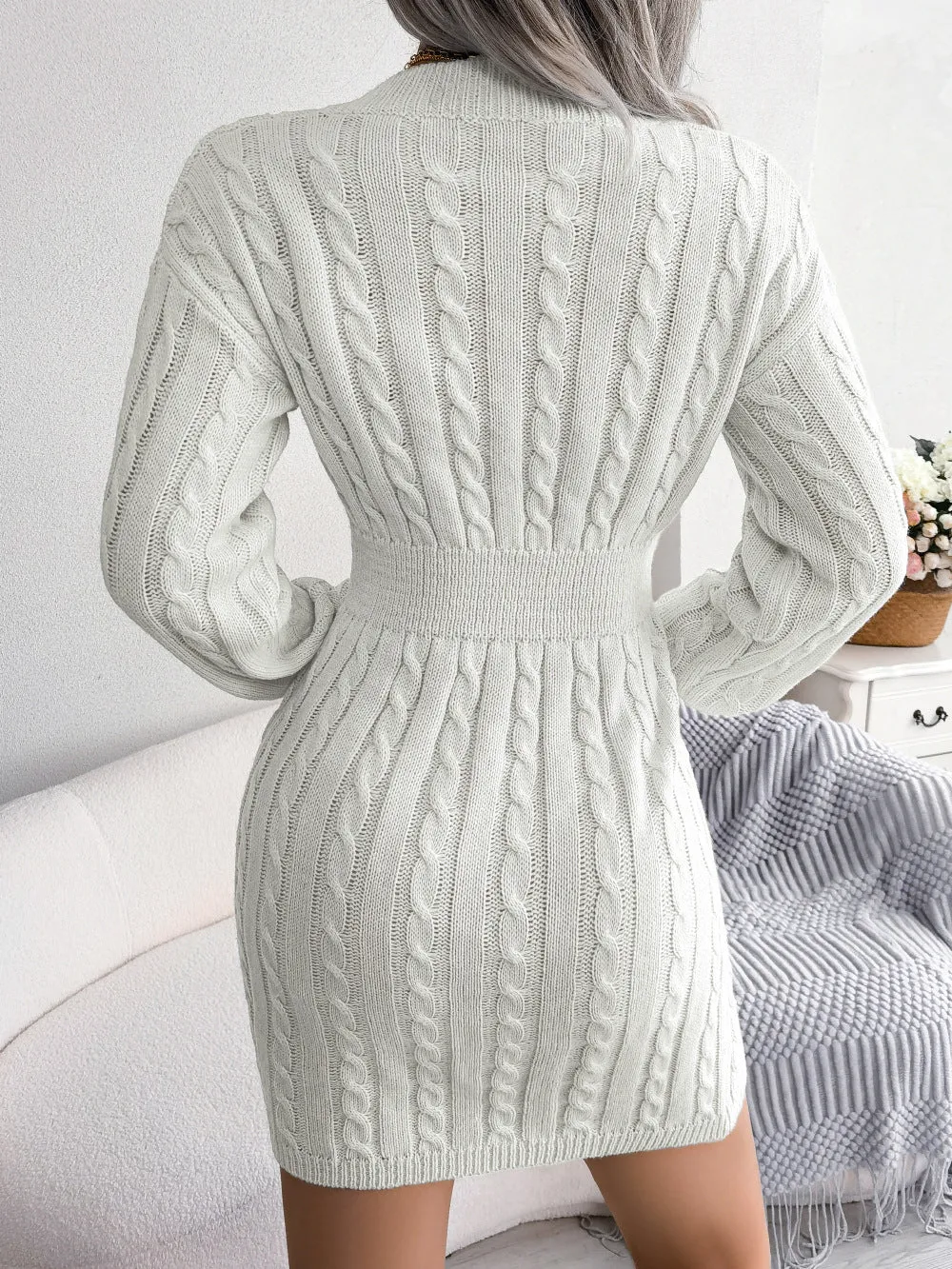 Slim-Fit Twist-Knit Solid Color Long-Sleeved V-Neck Sweater Dress Wholesale Dresses