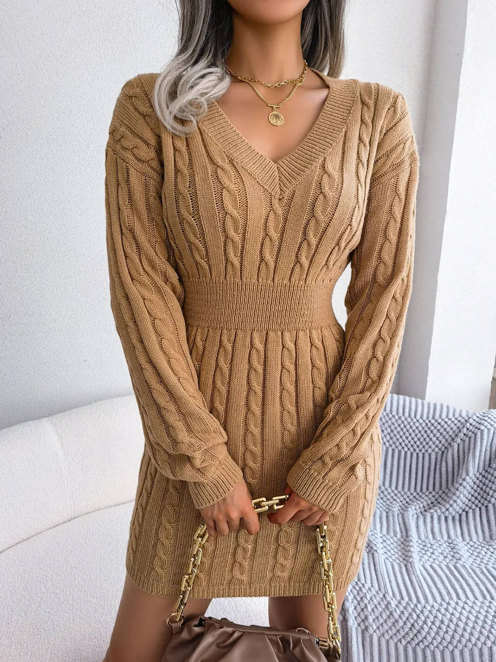 Slim-Fit Twist-Knit Solid Color Long-Sleeved V-Neck Sweater Dress Wholesale Dresses