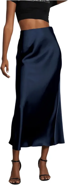 SOLY HUX Women's Elegant Satin Skirts High Waisted Flared Casual Work Office Fishtail Midi Skirt