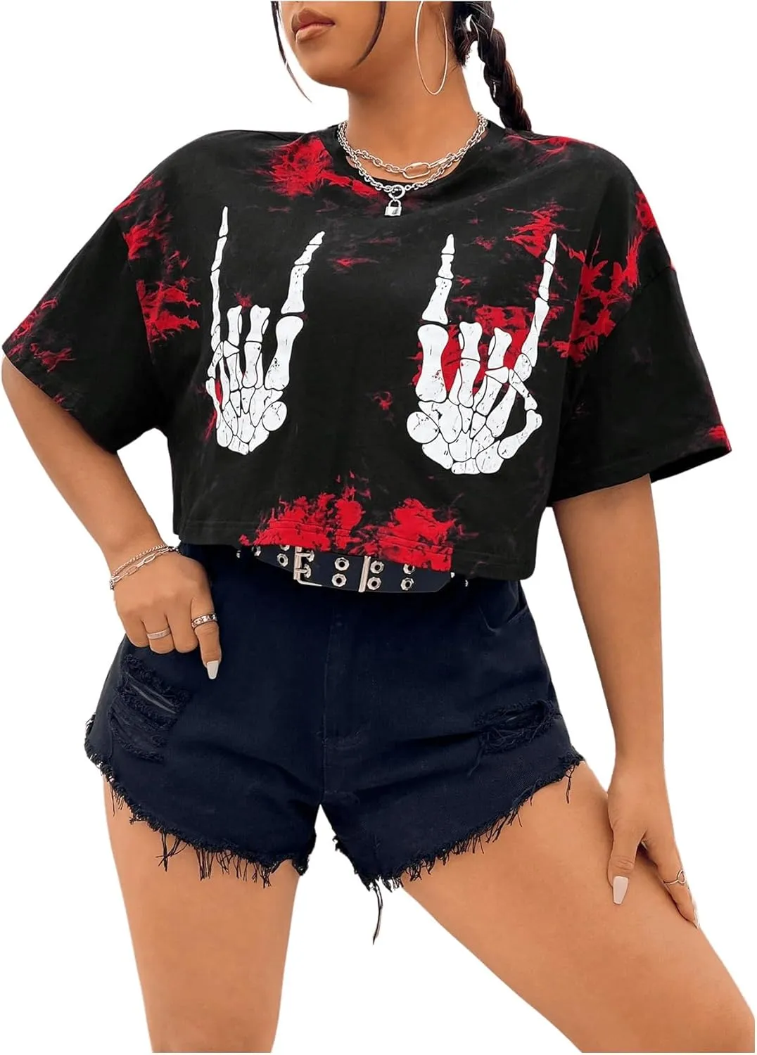 SOLY HUX Women's Plus Size T Shirt Tie Dye Skull Graphic Print Half Sleeve Tee Crop Tops