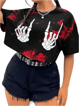 SOLY HUX Women's Plus Size T Shirt Tie Dye Skull Graphic Print Half Sleeve Tee Crop Tops