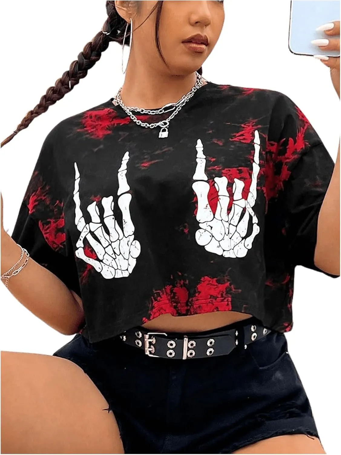 SOLY HUX Women's Plus Size T Shirt Tie Dye Skull Graphic Print Half Sleeve Tee Crop Tops