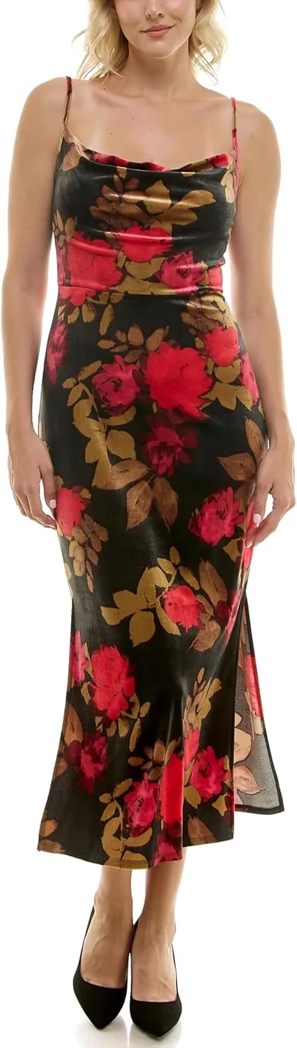 Taylor Women's Floral Velvet Spaghetti Strap Slip Midi Dress