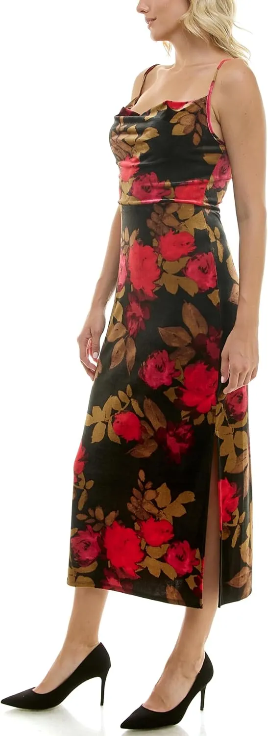 Taylor Women's Floral Velvet Spaghetti Strap Slip Midi Dress