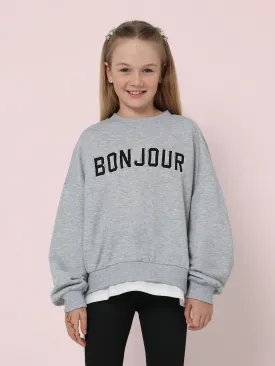Tween Girls Comfy Grey Marl Oversized Sweater With Graphic Print