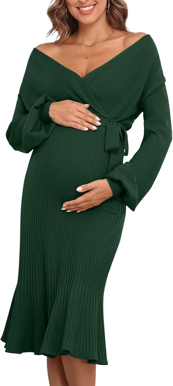 V FOR CITY Maternity Sweater Dress Women Spring Wrap V Neck Pleated A Line Waist with Belt Pregnancy Photoshoot Baby Shower