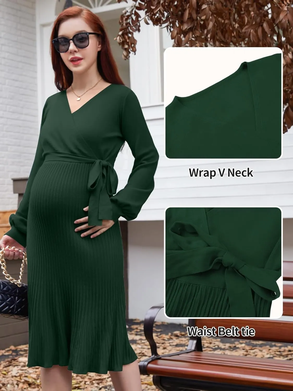 V FOR CITY Maternity Sweater Dress Women Spring Wrap V Neck Pleated A Line Waist with Belt Pregnancy Photoshoot Baby Shower