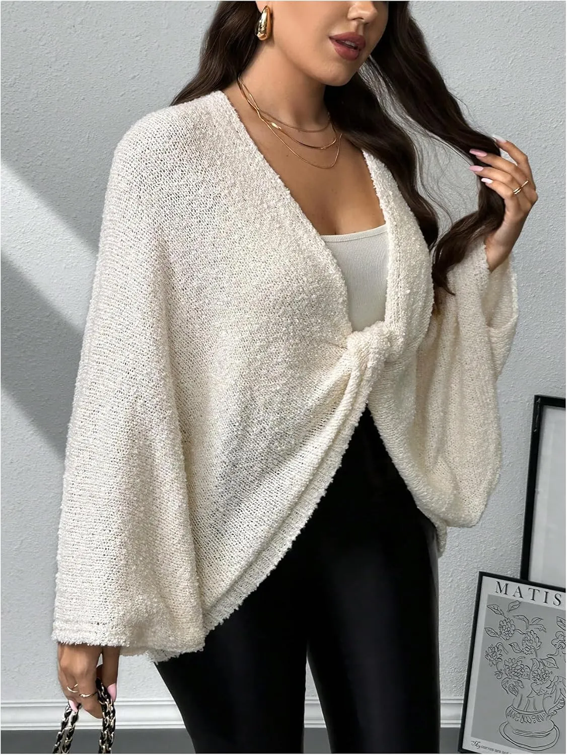 Verdusa Women's Plus Size Twist Knot Oversized Sweaters V Neck Long Sleeve Pullover Tops