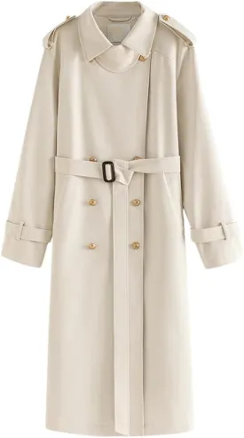 Woemn Lapel Double Breasted Office Long Trench Coats Casual Office Straight Midi Jacket