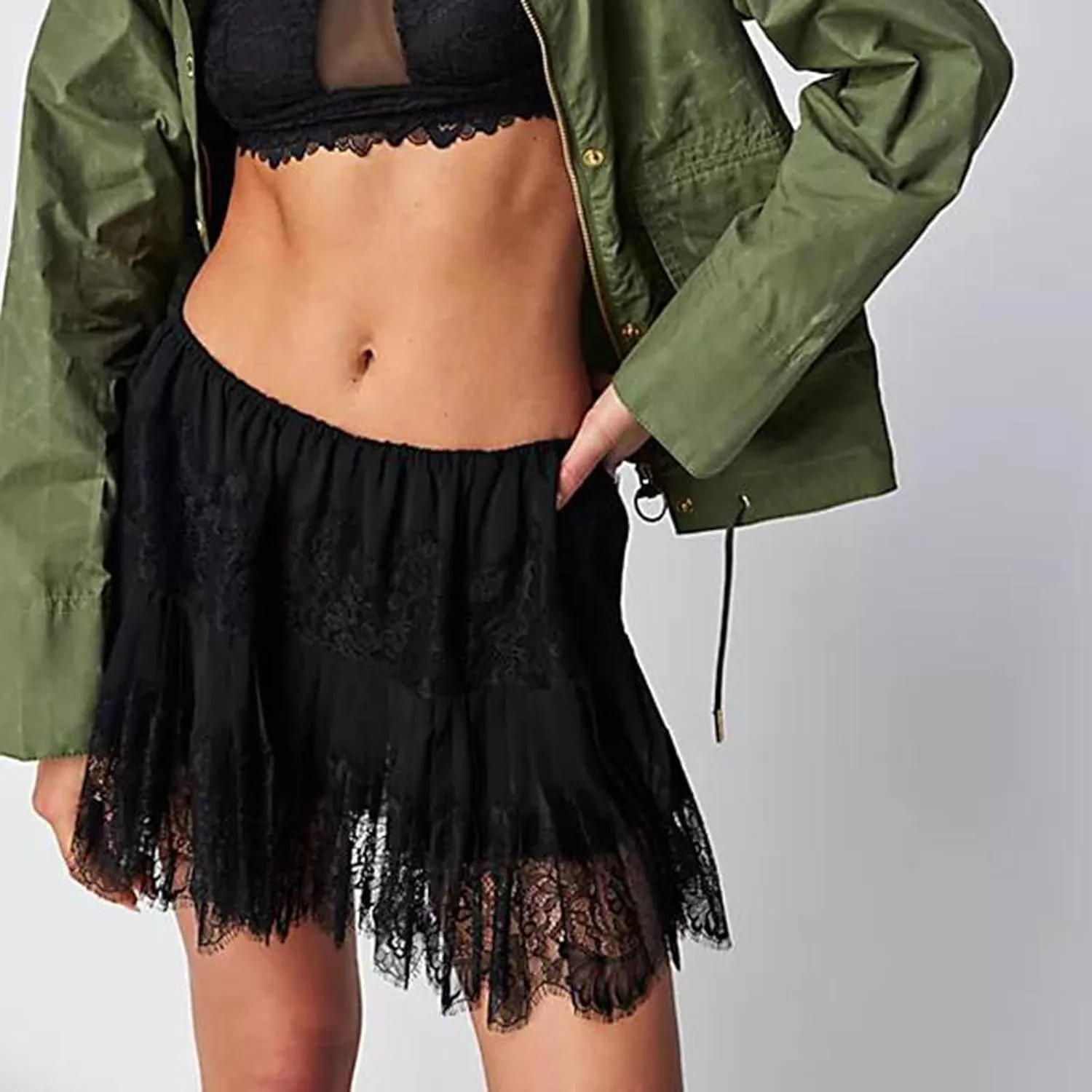 Women Floral Lace Mini Skirt Y2k Low Rise Layered Ruffled Hem Pleated A Line Short Skirt Lace Half Slip Underskirt