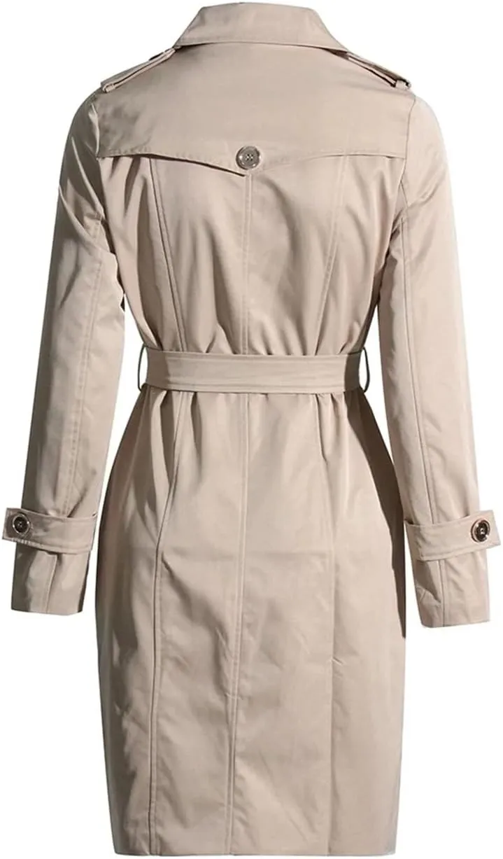 Women Lapel Long Sleeve Double Breasted Midi Trenchcoats Solid Loose Patchwork Belted Coats