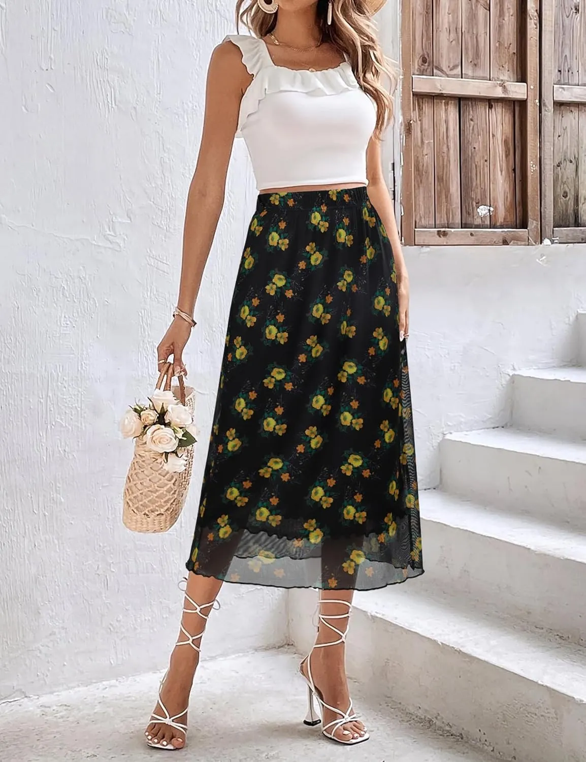 Women Maxi Skirt Ditsy Floral Mesh Skirt Summer Flowy Boho Elastic High Waisted Long Skirts Fashion Trendy