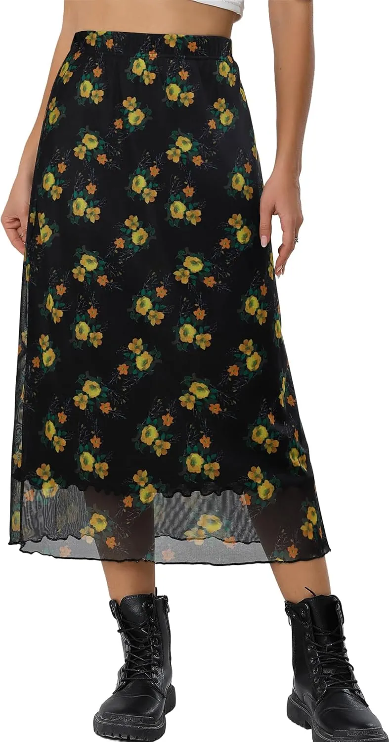 Women Maxi Skirt Ditsy Floral Mesh Skirt Summer Flowy Boho Elastic High Waisted Long Skirts Fashion Trendy
