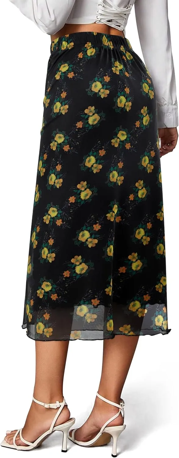 Women Maxi Skirt Ditsy Floral Mesh Skirt Summer Flowy Boho Elastic High Waisted Long Skirts Fashion Trendy