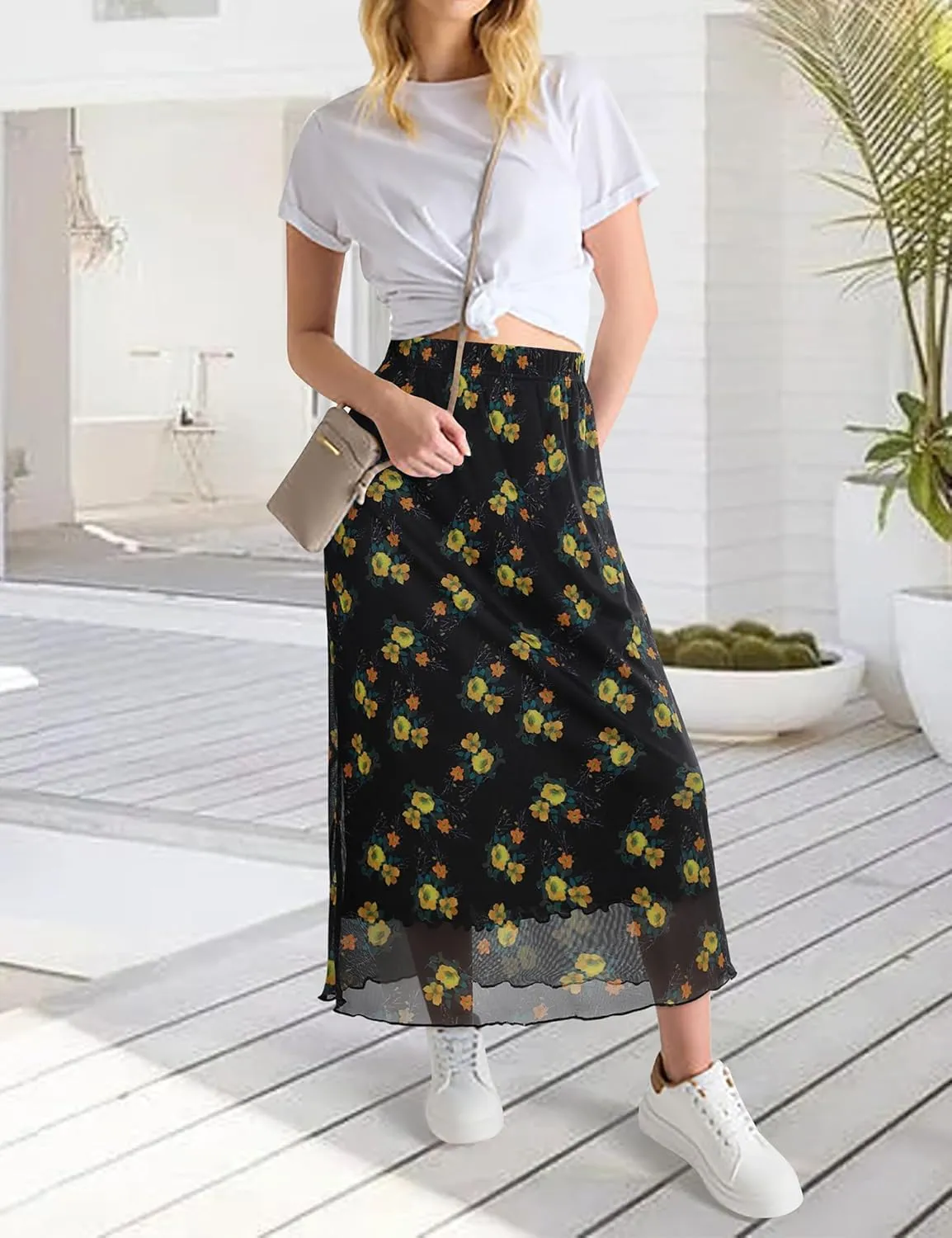 Women Maxi Skirt Ditsy Floral Mesh Skirt Summer Flowy Boho Elastic High Waisted Long Skirts Fashion Trendy