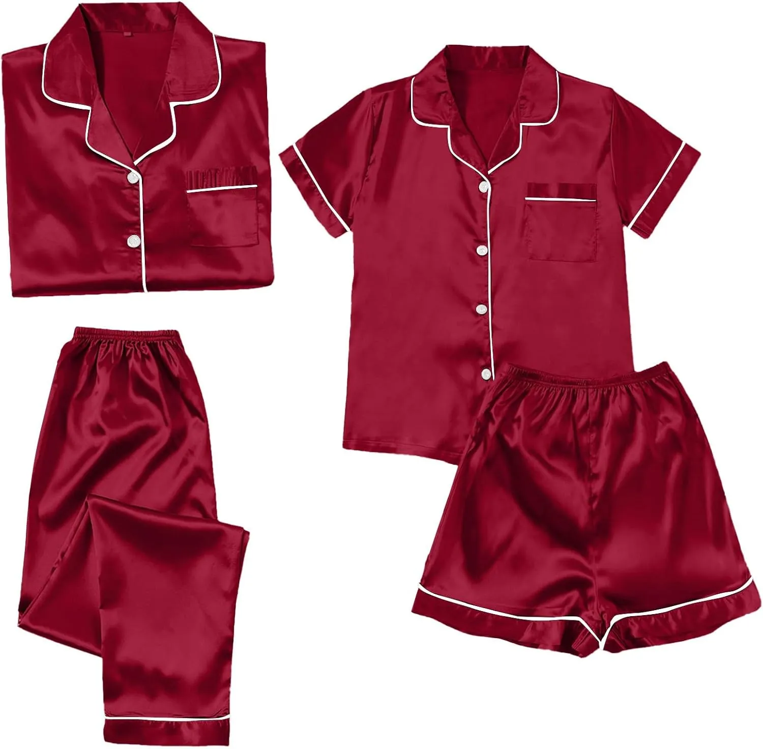 Women Satin Pajamas 4pcs Sleepwear Set Luxury Pants Shorts Button Short Long Sleeve Shirt Sets Soft Loungewear Suit