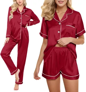 Women Satin Pajamas 4pcs Sleepwear Set Luxury Pants Shorts Button Short Long Sleeve Shirt Sets Soft Loungewear Suit