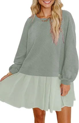 Womens Crew Neck Sweatshirt Dress 2025 Trendy Fall Long Sleeve Pullover Tops Casual Flowy Patchwork Mini Dresses