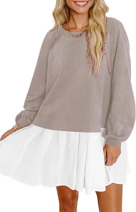 Womens Crew Neck Sweatshirt Dress 2025 Trendy Fall Long Sleeve Pullover Tops Casual Flowy Patchwork Mini Dresses