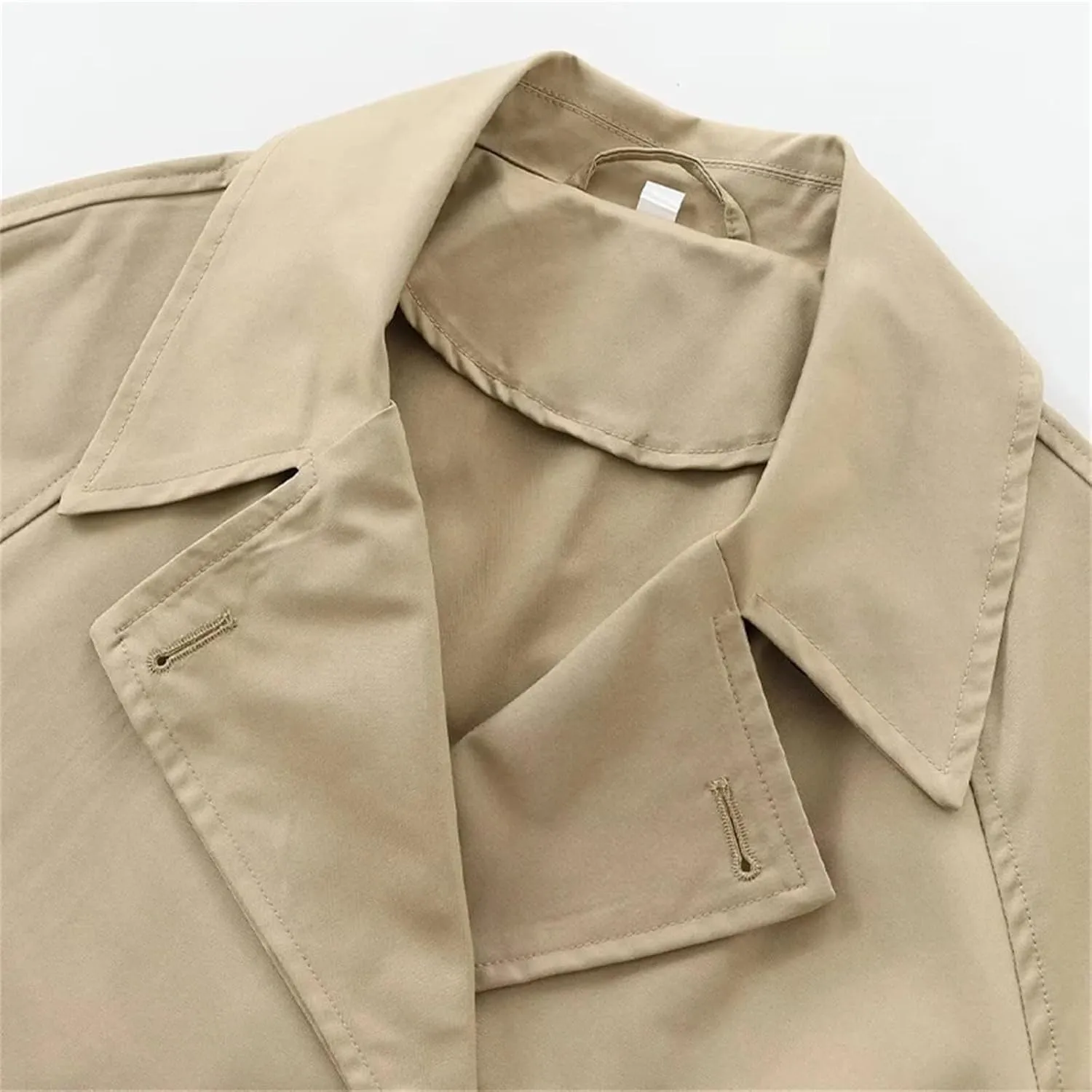 Women's Cropped Double Breasted Trench Jacket Vintage Lapel Neck Long Sleeves Pocket Loose Coat Outwear