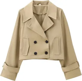 Women's Cropped Double Breasted Trench Jacket Vintage Lapel Neck Long Sleeves Pocket Loose Coat Outwear