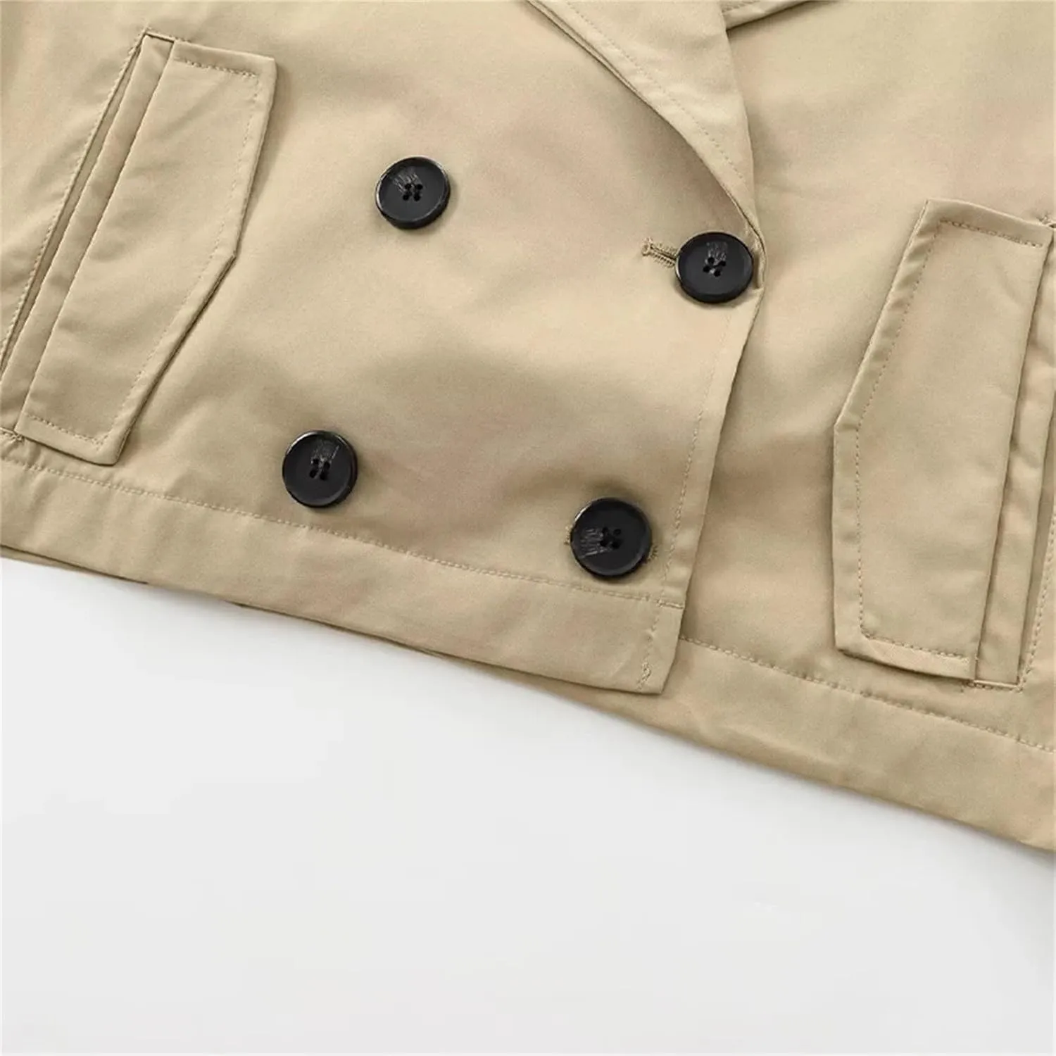 Women's Cropped Double Breasted Trench Jacket Vintage Lapel Neck Long Sleeves Pocket Loose Coat Outwear