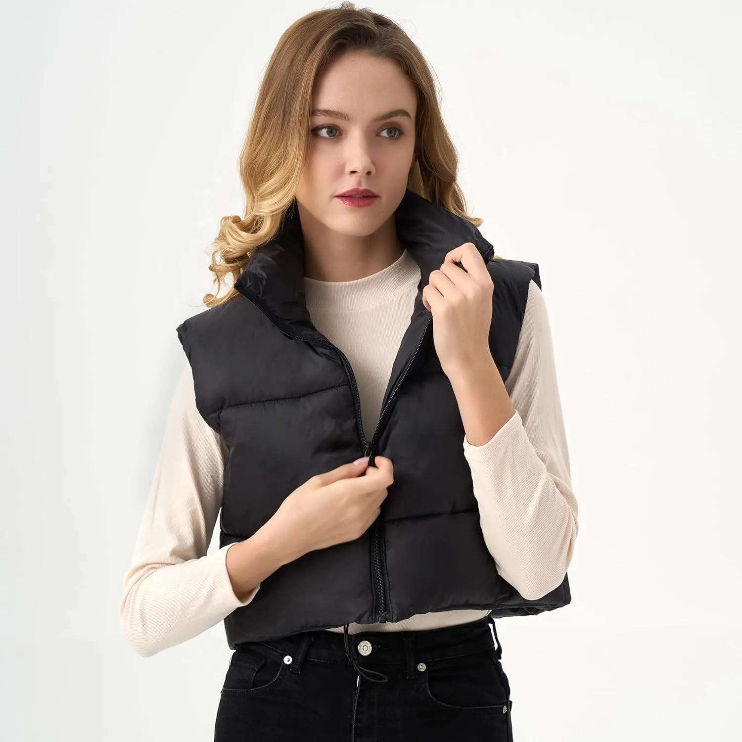 Women's Cropped Puffer Vest Lightweight Sleeveless Warm Vests For Women Winter Stand Collar Padded Gilet