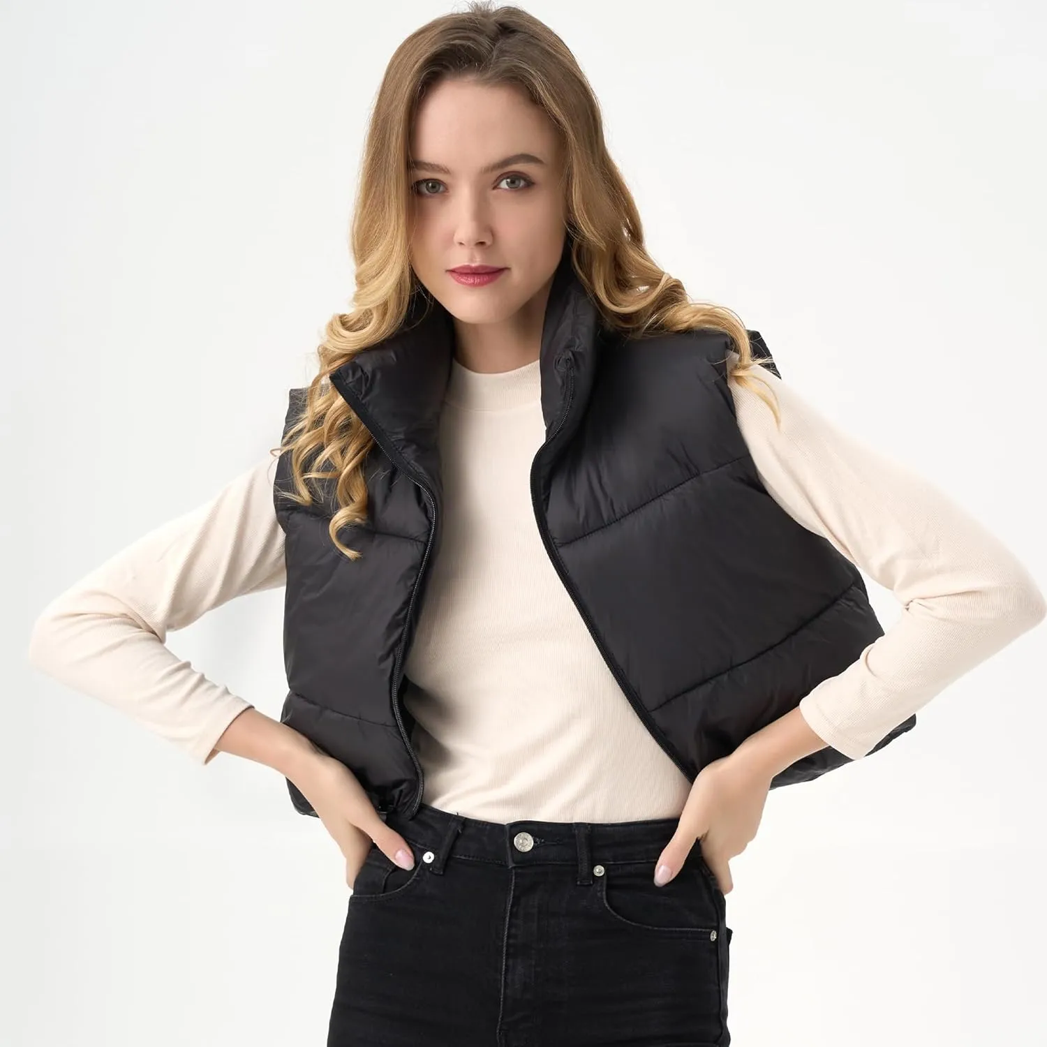Women's Cropped Puffer Vest Lightweight Sleeveless Warm Vests For Women Winter Stand Collar Padded Gilet