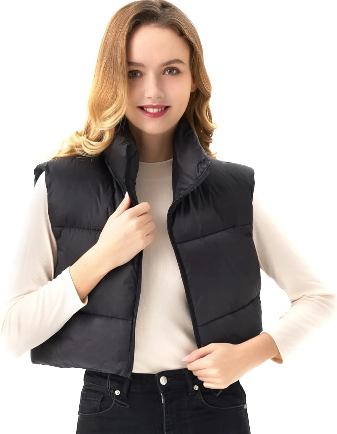 Women's Cropped Puffer Vest Lightweight Sleeveless Warm Vests For Women Winter Stand Collar Padded Gilet