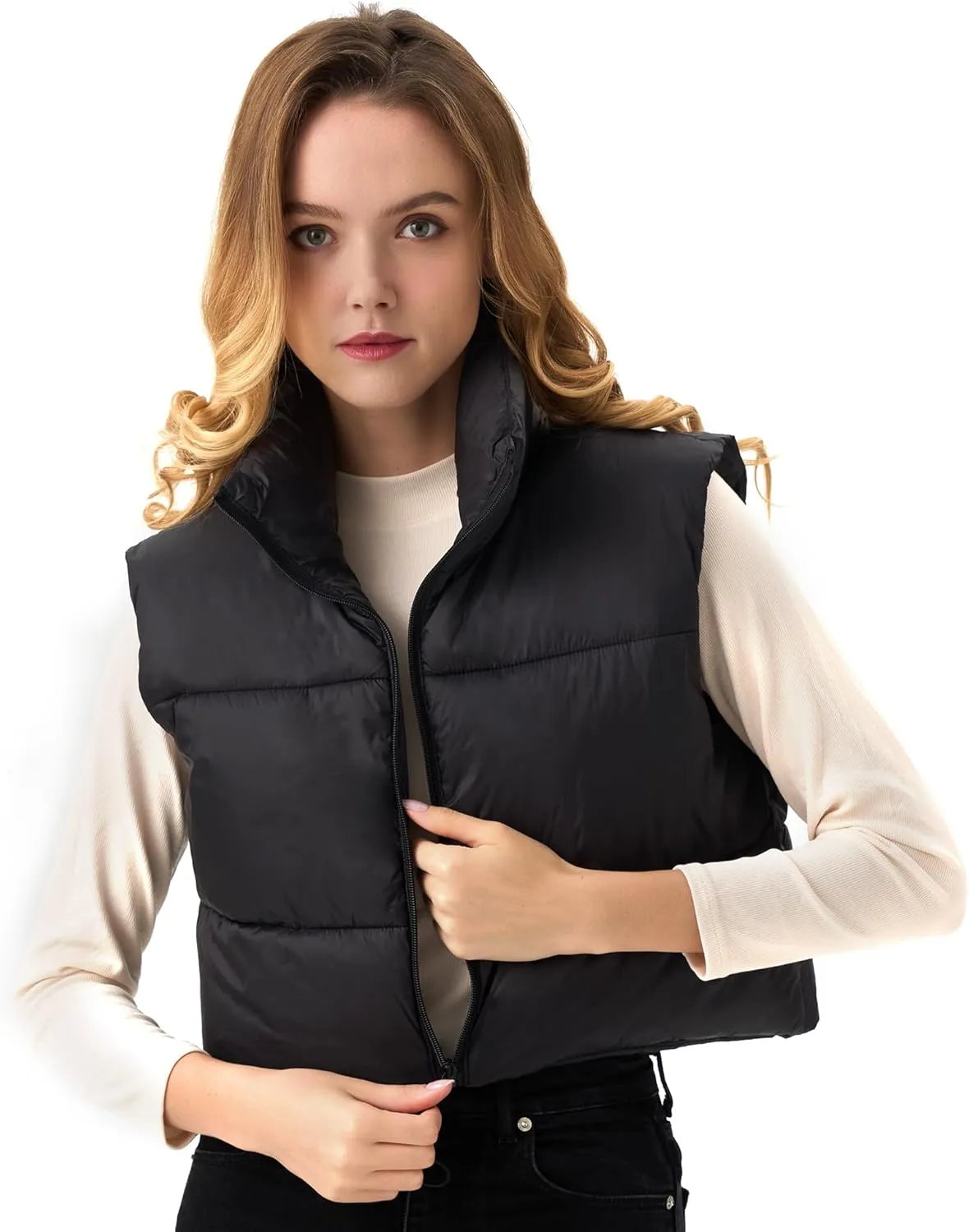 Women's Cropped Puffer Vest Lightweight Sleeveless Warm Vests For Women Winter Stand Collar Padded Gilet