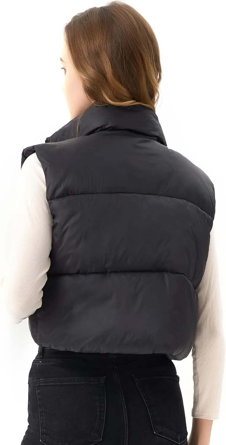 Women's Cropped Puffer Vest Lightweight Sleeveless Warm Vests For Women Winter Stand Collar Padded Gilet